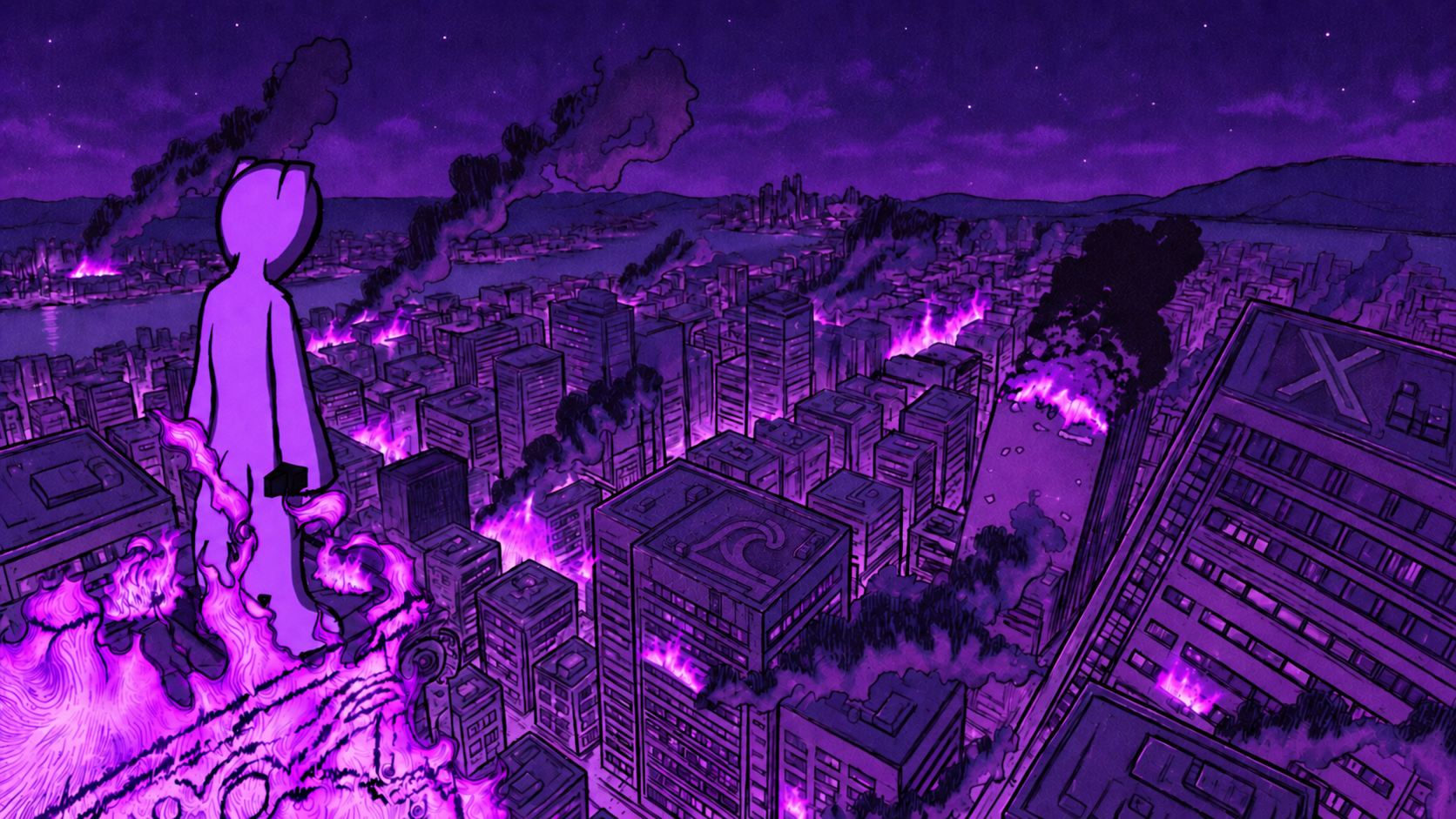 A yellow figure overlooking a burning illustrated city at night